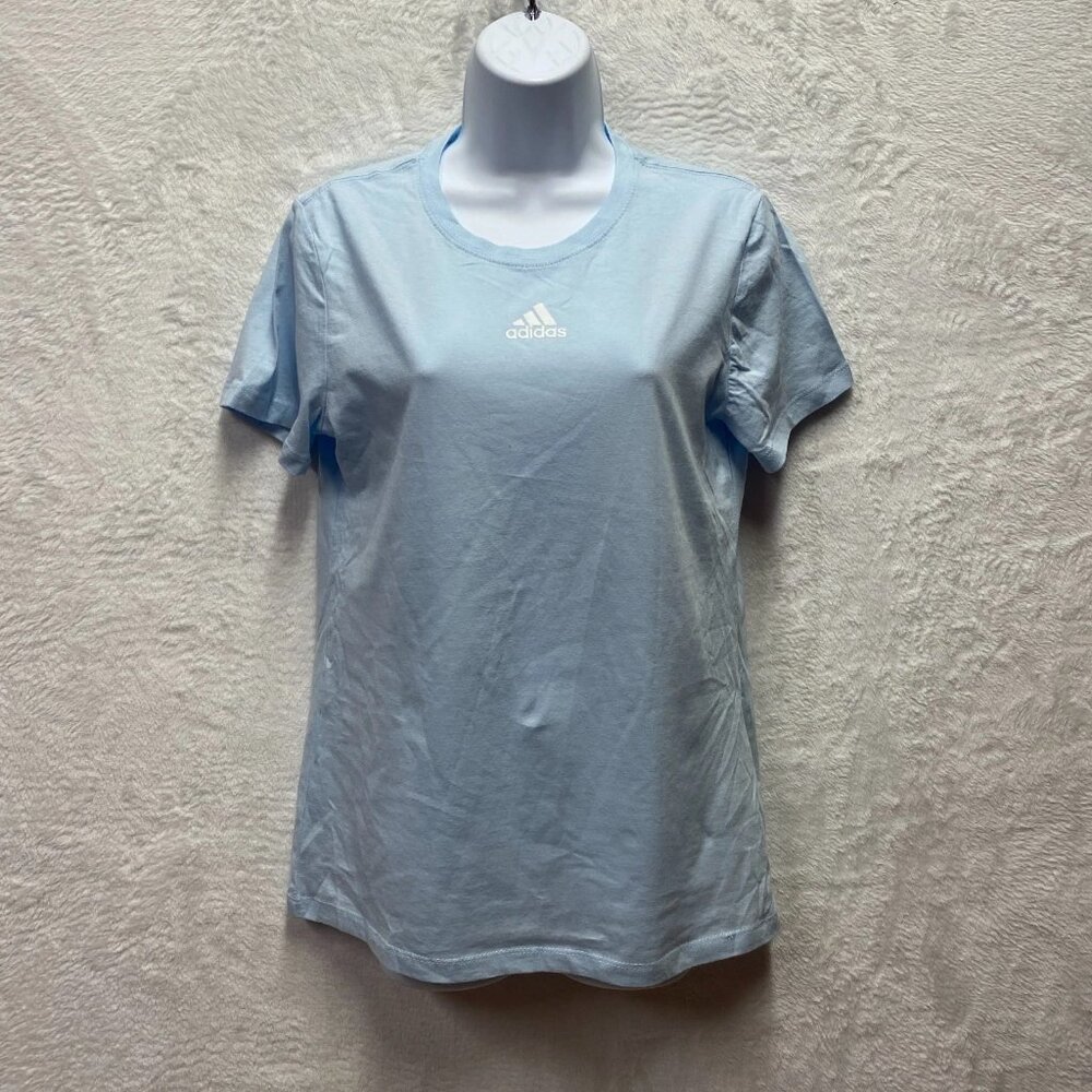 Adidas Pregame Badge Golf T-Shirt Womens Medium Light Blue Trefoil Logo Cotton